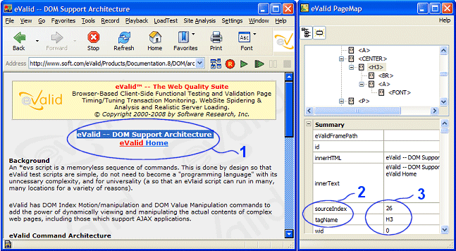 eValid Browser and PageMap with elementValue and sourceIndex identified