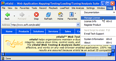 Invoking the eValid Manage License Display