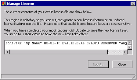 eValid Manage License Display 