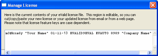 eValid Manage License Option