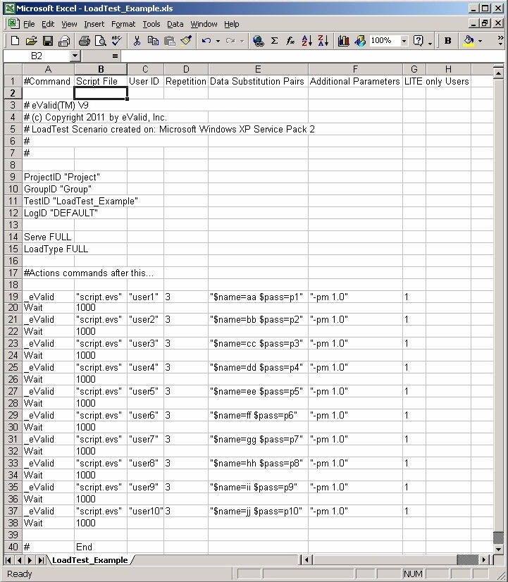 eValid *evl Script File in a Spreadsheet.