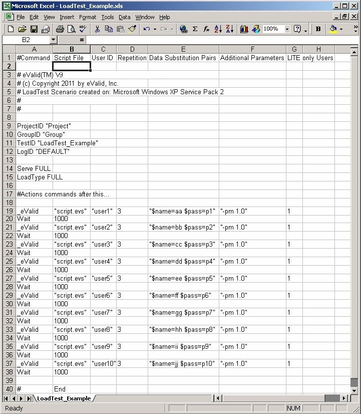 eValid *evl Script File in a Spreadsheet.