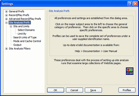 eValid Preferences for Site Analysis