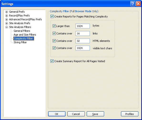 Complexity Filter Settings