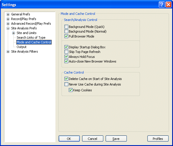 Mode and Cache Control Settings