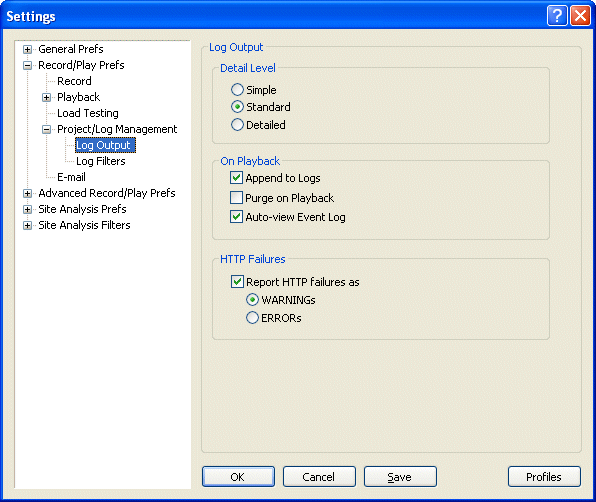 Project Log output Settings