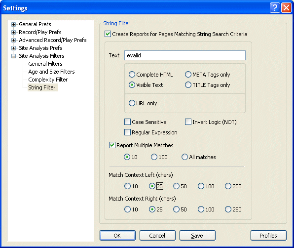 String Filter Settings