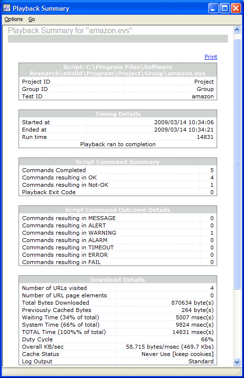 Summary Report from playback of script.