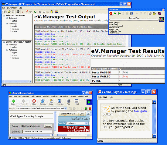 Screenshot showing eValid with eV.Manager report, script file, green screen, image diff.